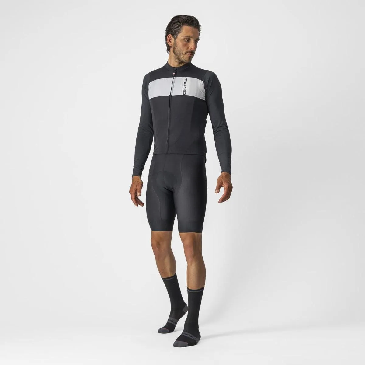 Castelli Prologo 7 Long Sleeve Mens Cycling Jersey (Light Black/Silver Gray/Ivory)